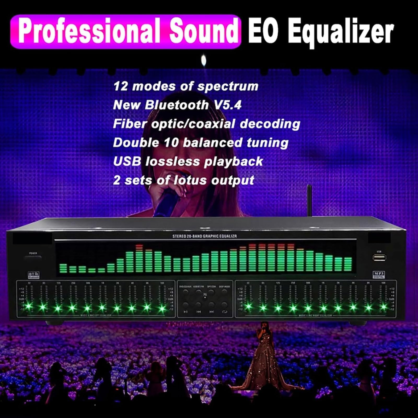 Ecualizador gráfico con Bluetooth, pantalla de espectro dinámico y reducción de ruido para escenario, concierto, hogar y estudio de grabación, mejora la calidad del sonido