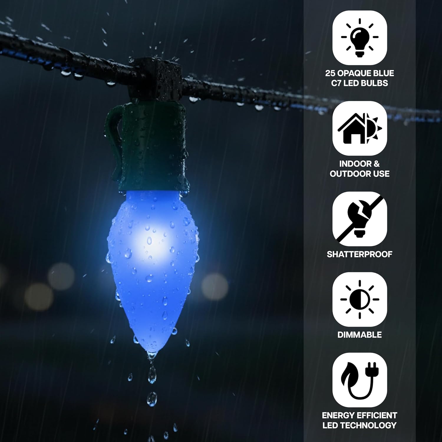 Holiday Bright Lights C7 Opaque Blue Dimmable LED Replacement String Light Lamps E12 Indoor Outdoor Set of 25