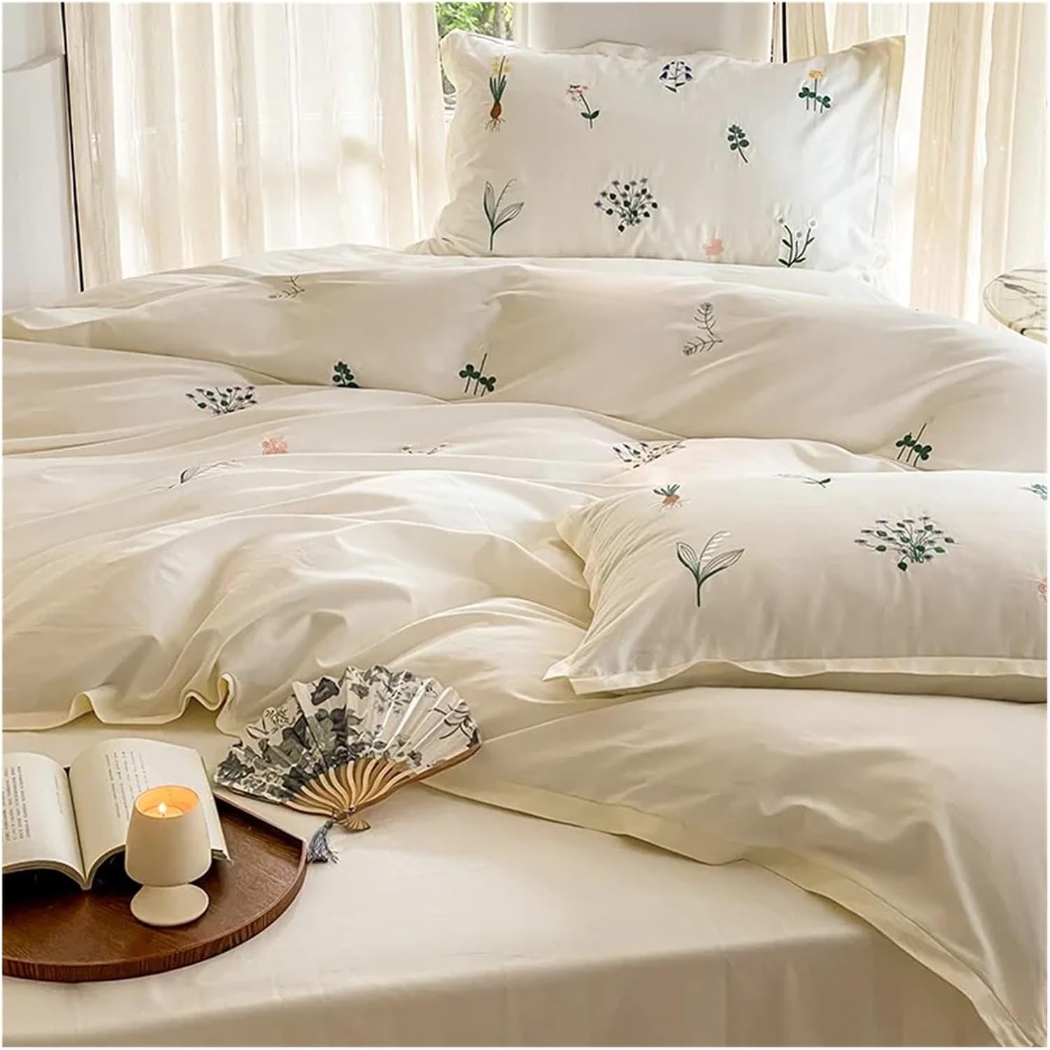 Pastoral Style 100% Cotton White Chic Bedding Set with Embroidery Double Queen King 4Pcs Duvet Cover Bed Sheet Pillowcases,Bed