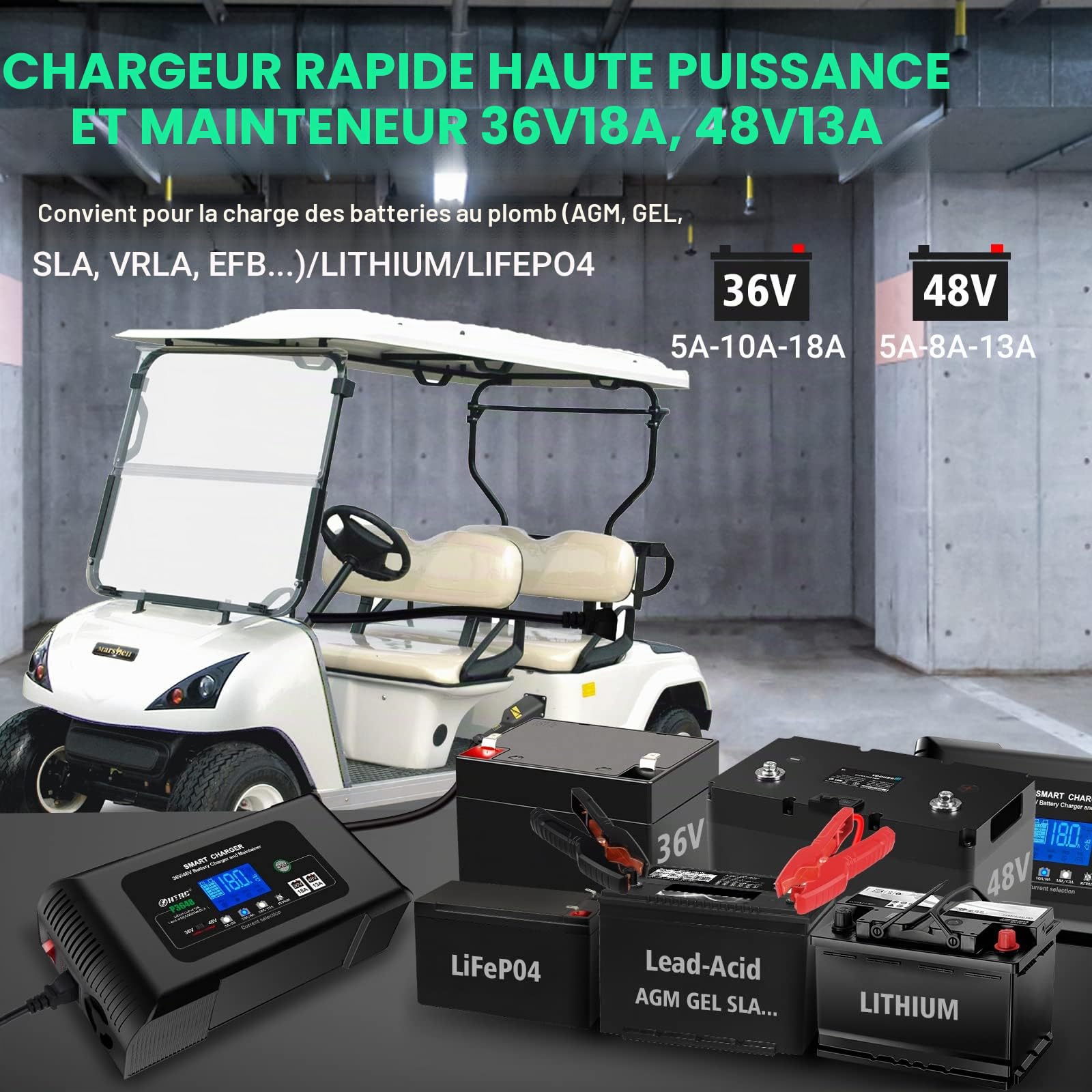SolaMr Chargeur de Voiture 36V 18A / 48V 13A avec Chargeur de Goutte à Goutte de Niveau 9 Chargeur de Voiture Intelligent pour Camion, Moto et Batterie au Plomb - P3648