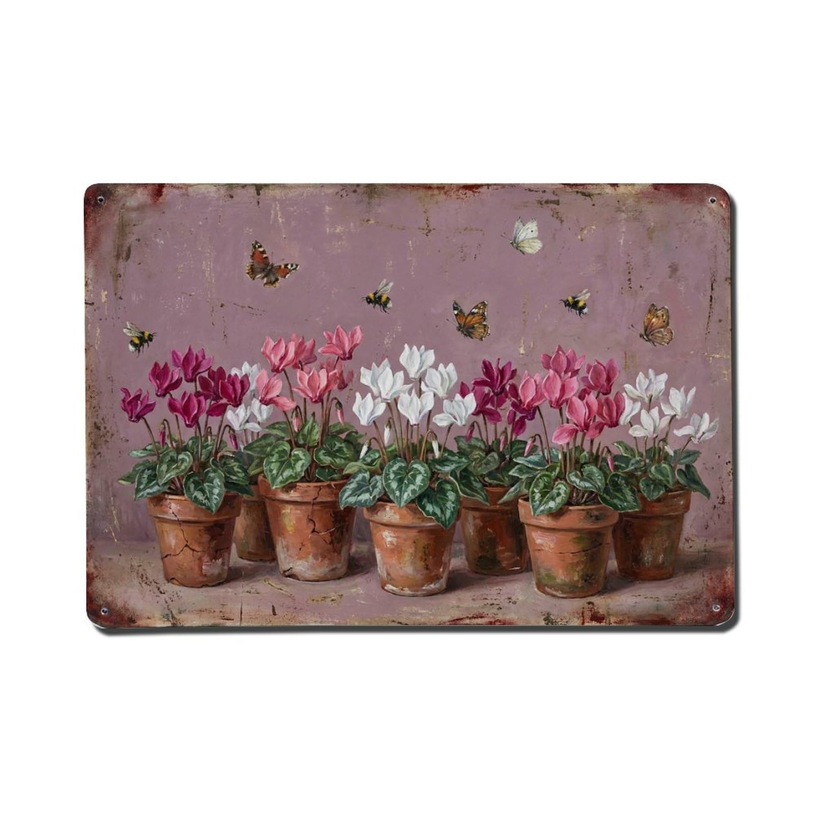 Vintage Rustic Flower Potted Plants Cyclamen Metal Tin Sign