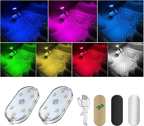 2 luces LED inalámbricas para el interior del automóvil, luz interior magnética de 7 colores con 6 cuentas de lámpara LED brillantes, luz nocturna