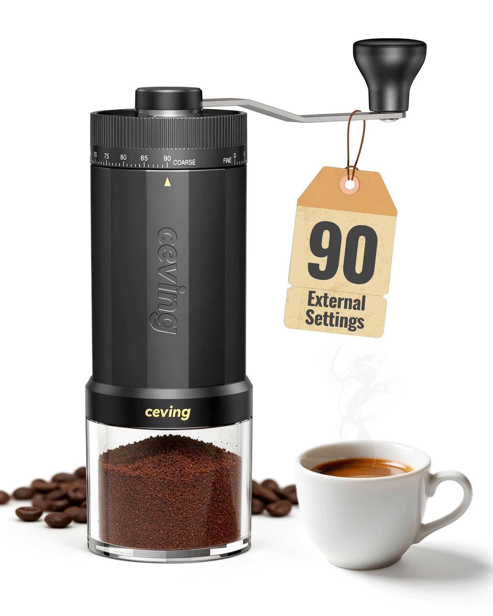 CEVING Manual Coffee Grinder with 90 External Settings, 60g Capacity, Black