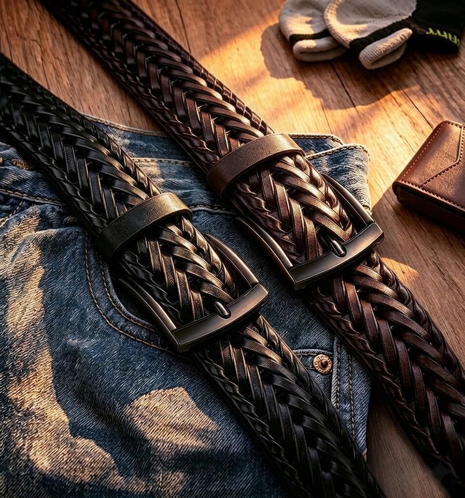 BULLIANT Men Belt 2Pack,Braided Woven Leather Belt For Men Golf Casual Jeans 1 3/8"
