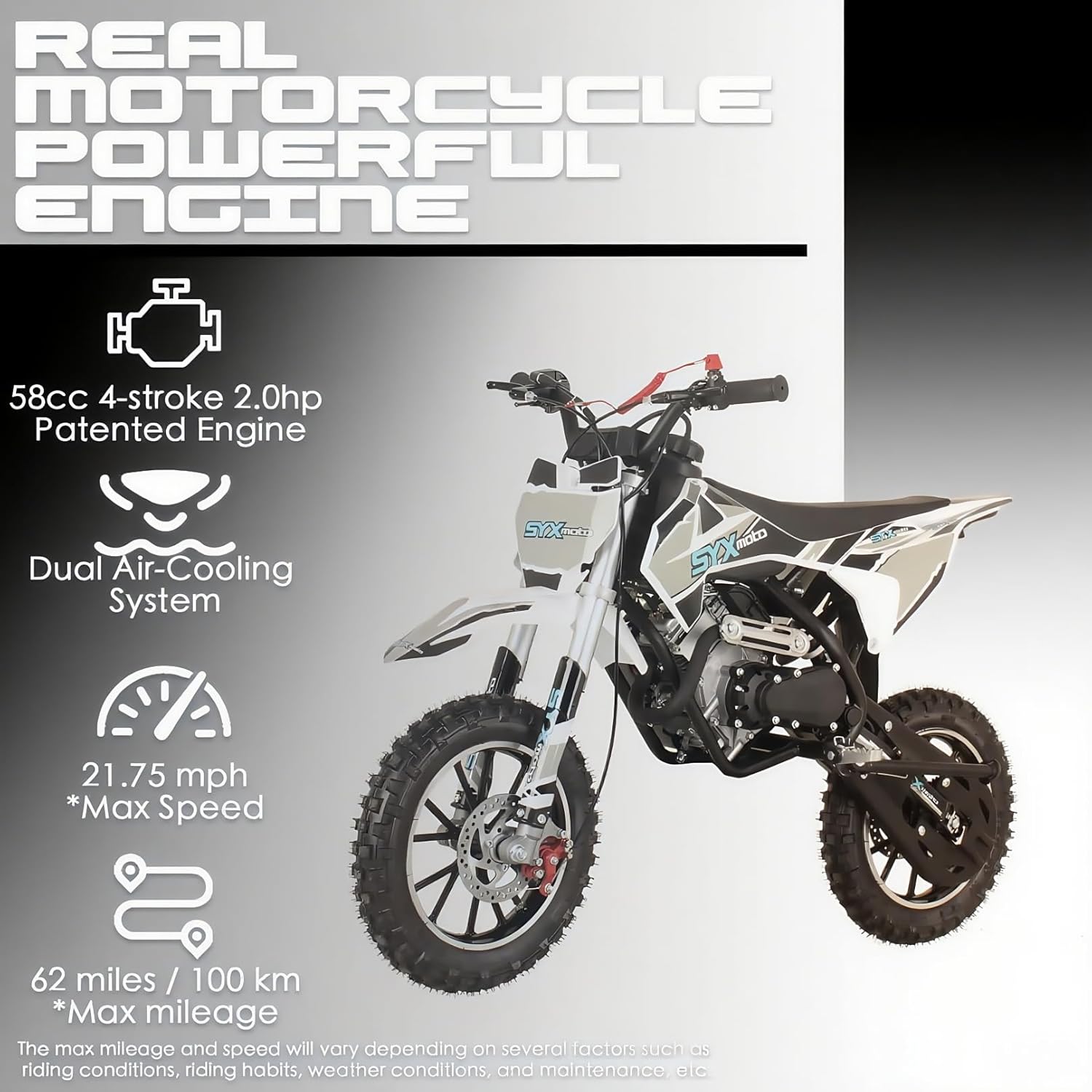 SYX MOTO 60cc Kids Dirt Bike, Gas Powered Mini Bikes, 4 Stroke Off-Road Mini Bikes, Trail Bike with Speeds up to 21.75 MPH, Weight Support Up to 143 LBS (Black)