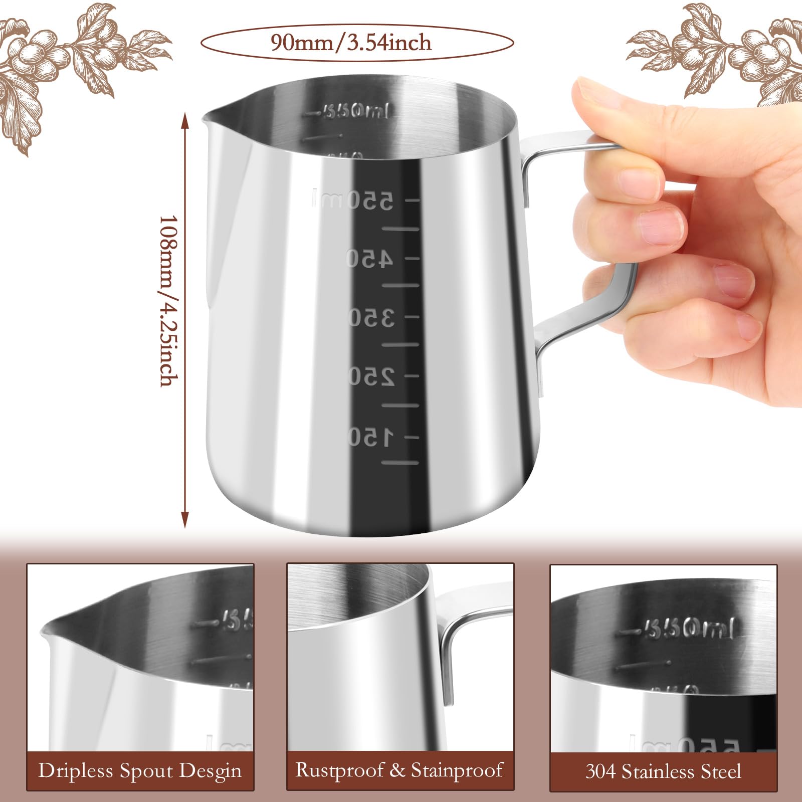 Bricco Per Latte In Acciaio Inox 350ml - Set Per Latte Art Con Stencil, Spruzzatore E Penna - Foto 7