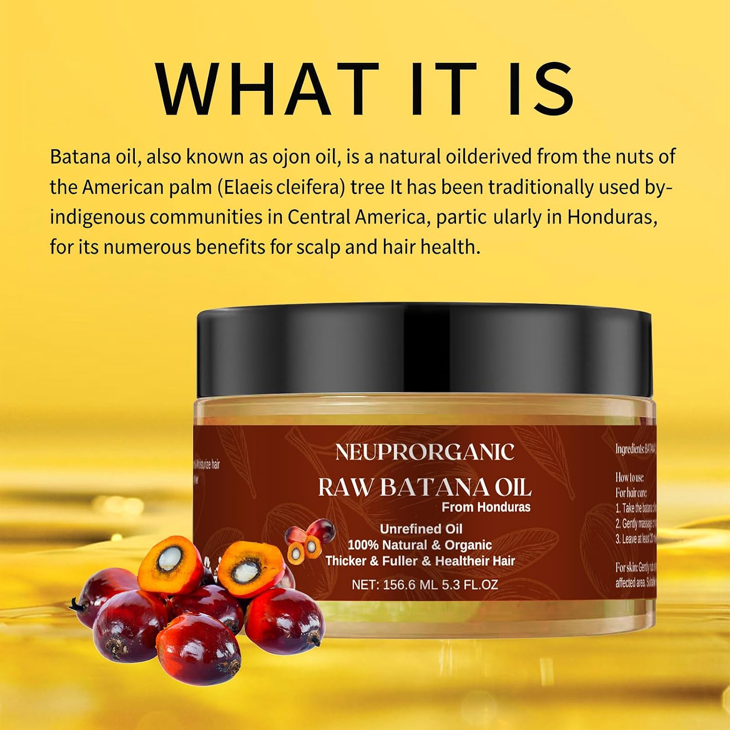 Batana Oil For Hair Growth 156.6ml - Unrefined,100% Natural Organic Scalp Mask From Honduras, Strengthening, Nourishing And Enhancing Hair Loss, Split Ends For Men And Women 5.3 Fl Oz