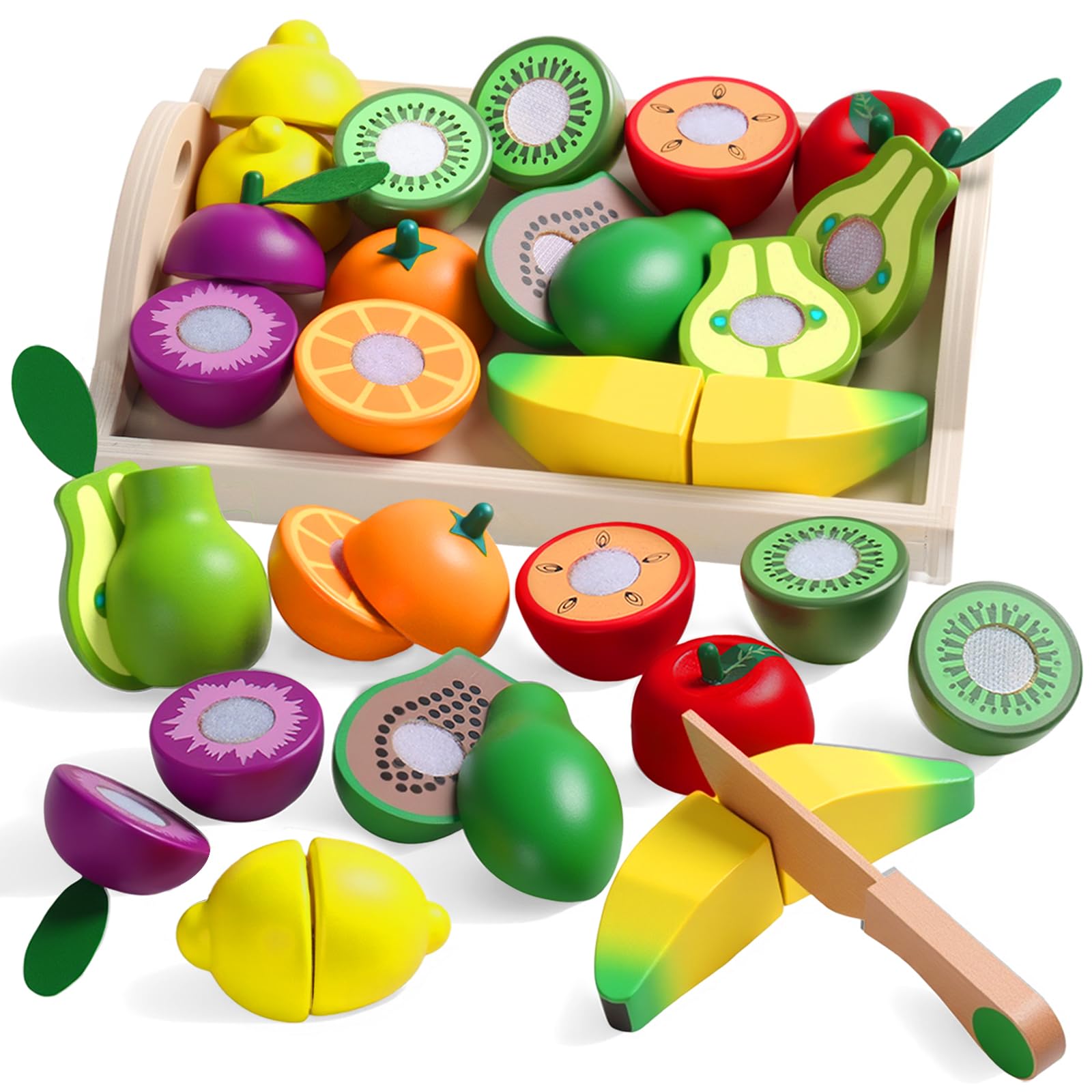Fajiabao Wooden Play Food Set for Kids Kitchen Montessori Toddlers Toys 1-3 Pretend Cutting Fruit Educational Toys for Girls Boys 2 3 4 Year Old