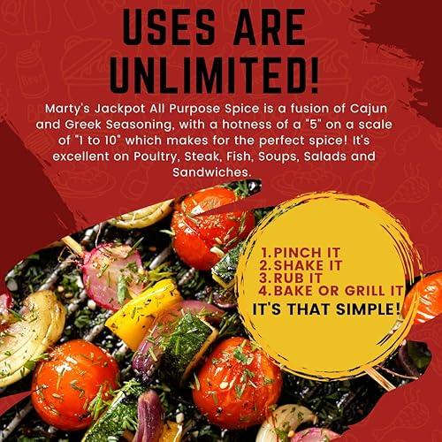 Miniatura 2 de Marty's Jackpot - Especias multiusos – Baja en sal, sin gluten, sin MSG, condimento cajún – es excelente para aves, carnes, pescado, sopas,