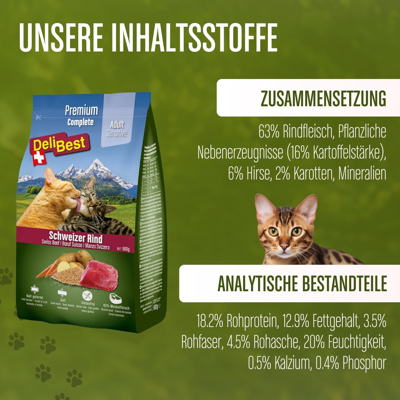 DeliBest Adult Sensitive Complete Cat Rind I Halbfeuchtes Katzenfutter fr  Katzen Adult I aus 100% Schweizer Rindfleisch I getreidefrei & ohne andere  Zustze I Katzenfutter kaltgepresst I 600 g : Amazon.de: Haustier