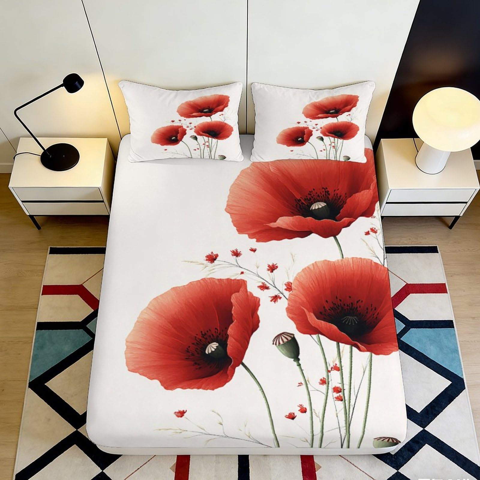 3D Printed Red Poppy Fitted Sheet Microfiber Soft Breathable Floral Mattress Cover for Bedroom Dorm Decoration 90x200x25cm