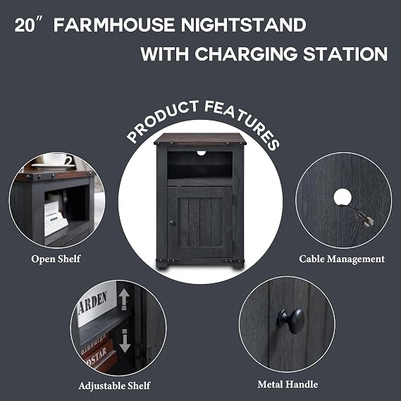 IFGET Farmhouse Nightstand with Charging Station, 24 Tall End Table, Grey