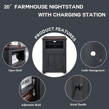 IFGET Farmhouse Nightstand with Charging Station, 24 Tall End Table, Grey