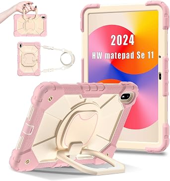 Rugged Case for Huawei MatePad SE 11 inch 2024 AGS6-W00 with Pencil Holder Rotating Hanging Ring Handle Kickstand, Heavy Duty Shock-Proof Armor Cover w/Shoulder Strap Pink