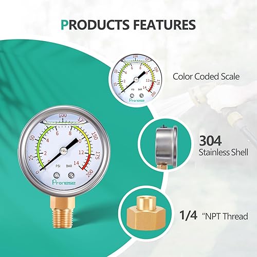 Miniatura 5 de Kit de medidor de presión de prueba de agua de acero inoxidable de 2 pulgadas, calibre + caucho EPDM de 12 pulgadas+válvula LF de 14