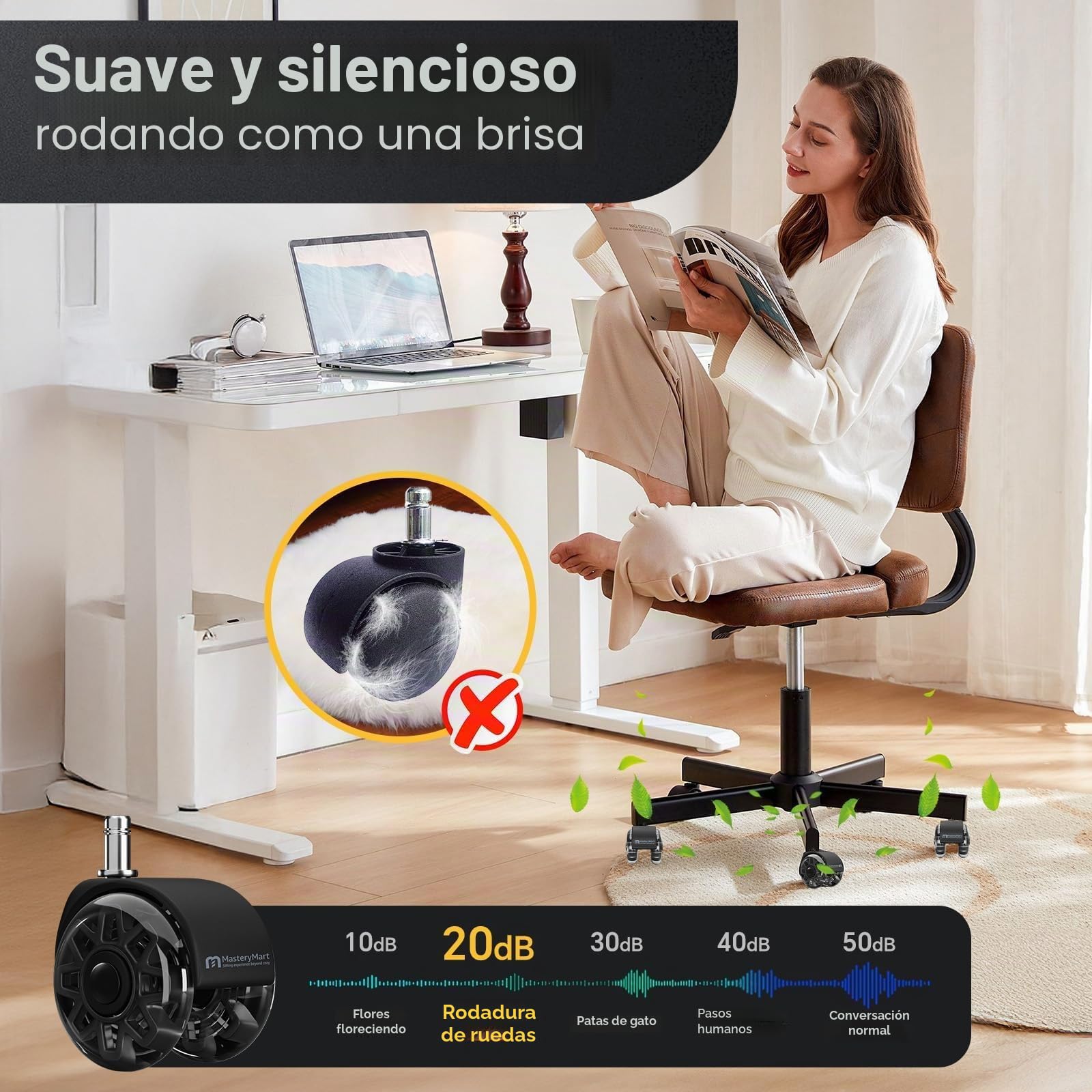 Mastery Mart Juego de 5 ruedas para sillas de oficina de 11 mm, 70 mm de altura, ruedas de suelo duro, para sillas de oficina, parquet, aptas para el 98% de todas las ruedas, no para 1KEA, color negro
