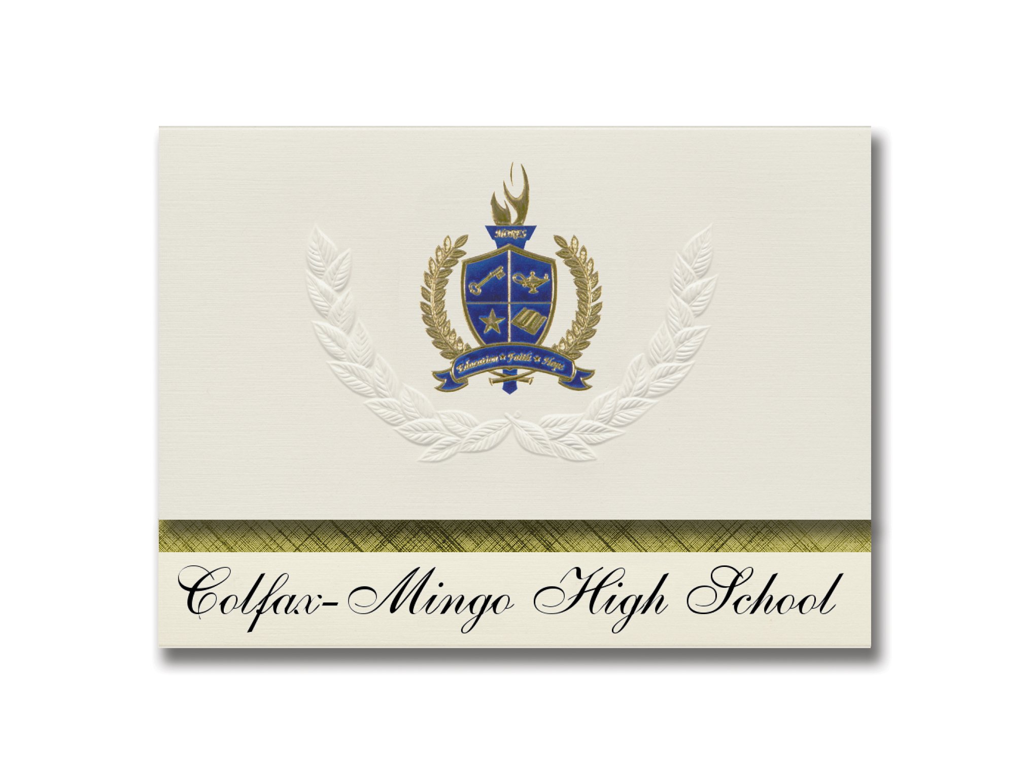 Signature Announcements Colfax-Mingo High School (Colfax, IA) Graduation Announcements, Presidential style, Basic package of 25 with Gold & Blue Metallic Foil seal