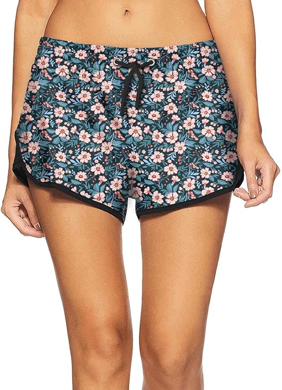 LHPMS Women's Casual Beach Shorts Floral Pattern Quick Dry Swim Boardshort Drawstring Sports