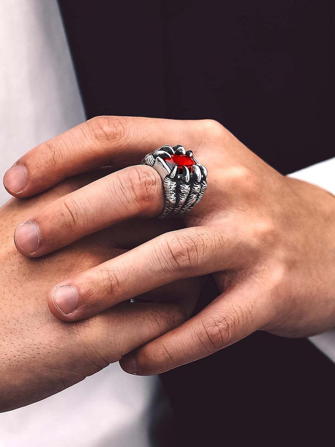 Bandmax Punk Gothic Style Red Stone Rings for Men Women Stainless Steel Goth Rock Evil Dragon Claw Eye Ball Ring Statement Costume Ring for Halloween Party