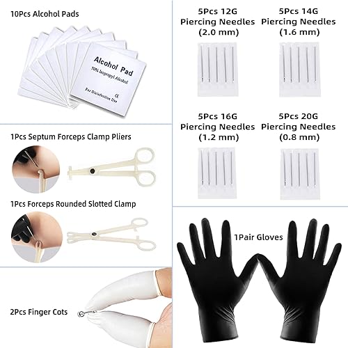 Miniatura 4 de Kit de 80 piercings de nariz joyería de acero inoxidable para piercing corporal con agujas de 12G, 14G, 16G, 20G para orejas, nariz, labios, cejas