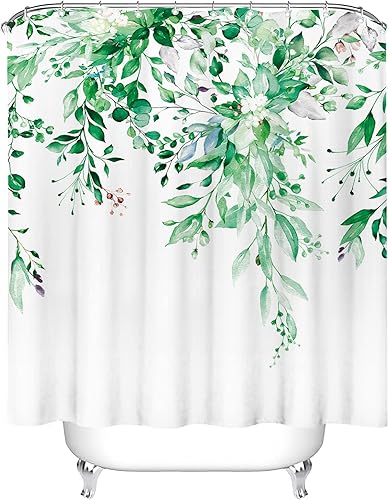 Miniatura 4 de Tititex - Juego de cortinas de regadera de eucalipto verde esmeralda, hojas de acuarela en la parte superior, decoración floral de baño, 72 x 72