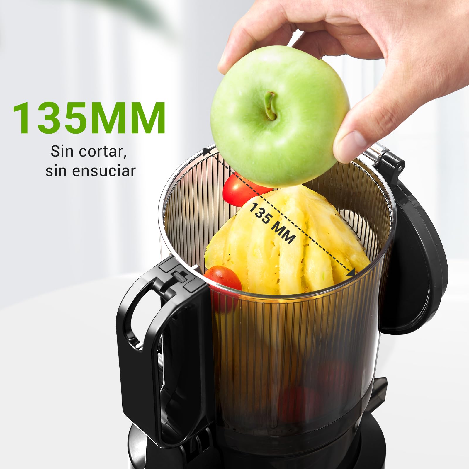 AMZCHEF Extractor de Zumos y Verduras Automático, 135MM Apertura y 1.8L Capacidad Licuadora para Verduras y Frutas Entera, 250W Licuadora Prensado en Frio Lento con Triple Filtro - Negro