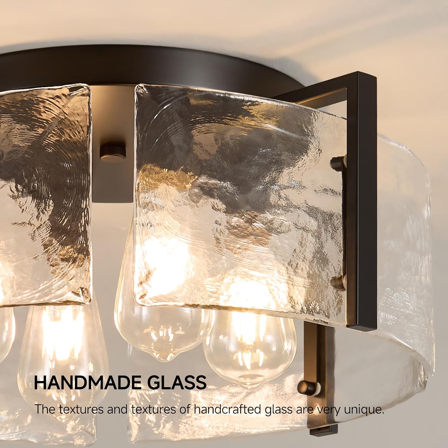 Semi Flush Mount Ceiling Light: 4 Light Drum Matte Black Ceiling Lights - Mid Century Modern Kitchen Lighting Fixtures - Vintage Hammered Glass Fixture for Entryway Farmhouse Bedroom Hallway Foyer