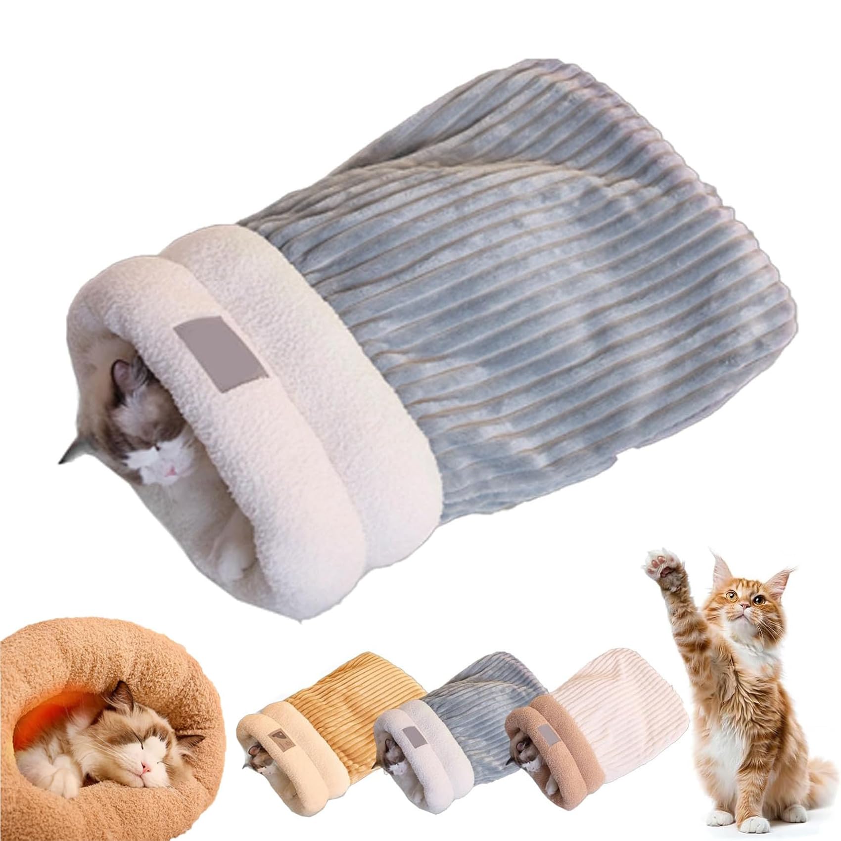 Cat Sleeping Bag, Cat Sleeping Bag for Indoor Cats, Cat Winter Sleeping Bag, Cat Bed Cave, Winter Cat Sleeping Bag for Cats, 360°Wrap Comfortable Soft Plush Sack Self Warm Pet Snuggle Sack (L,Gray)