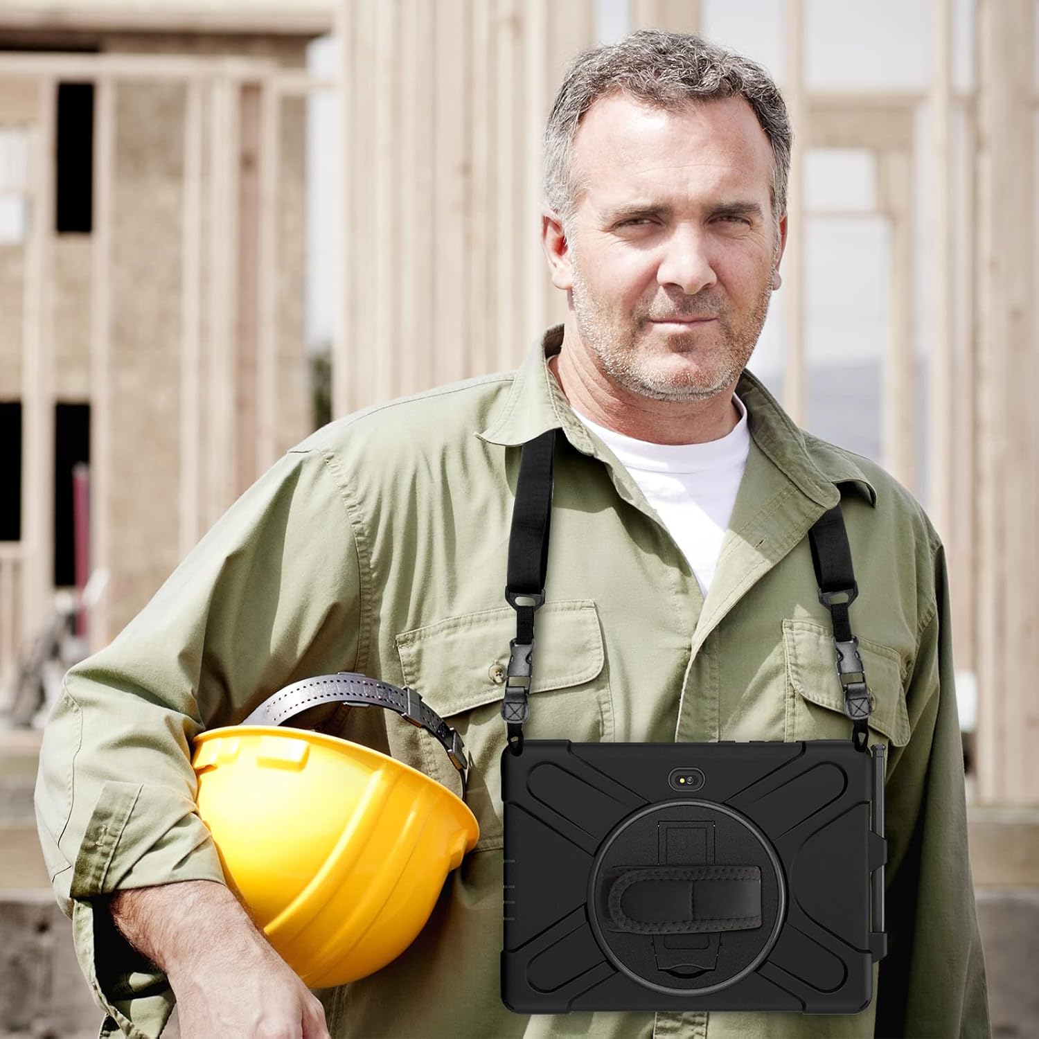 Person wearing tablet case with shoulder strap