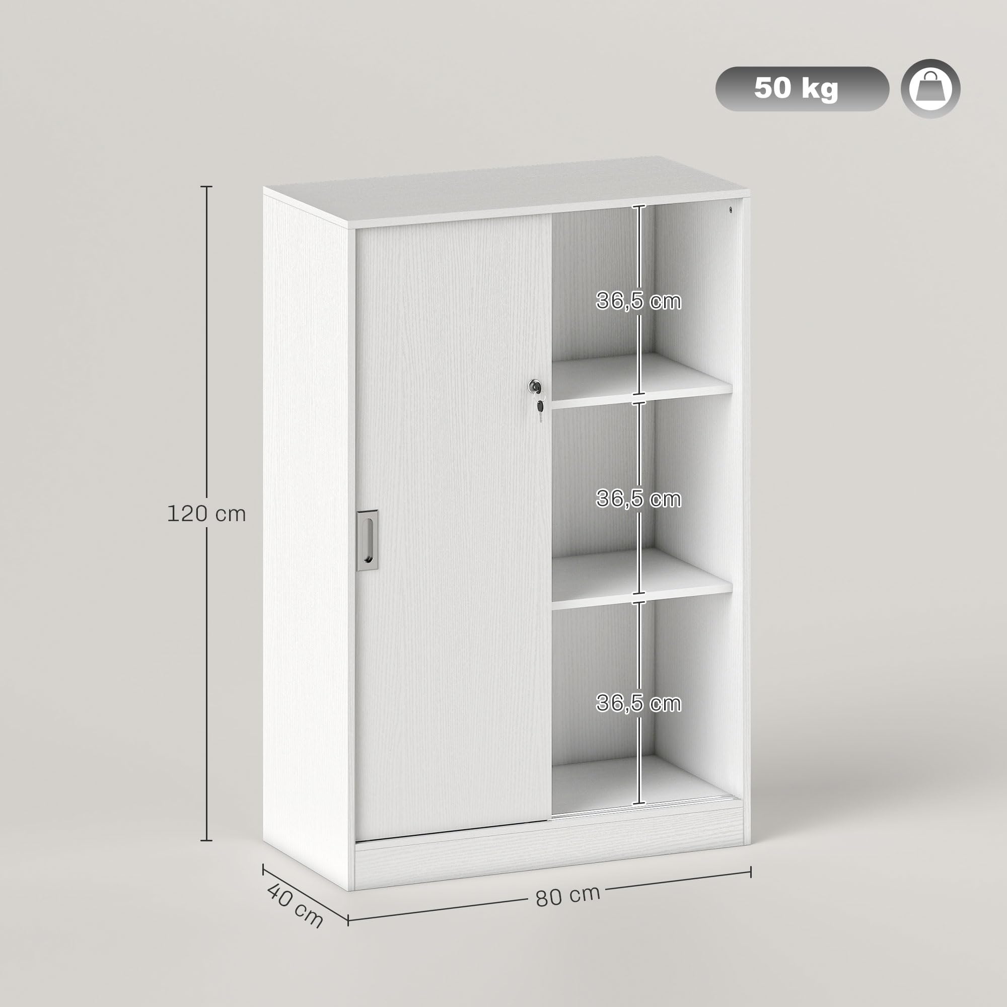 Vinsetto Armoire de Bureau 2 Portes coulissantes verrouillables dim. 80L x 40l x 120H cm 2 étagères en Bois Blanc
