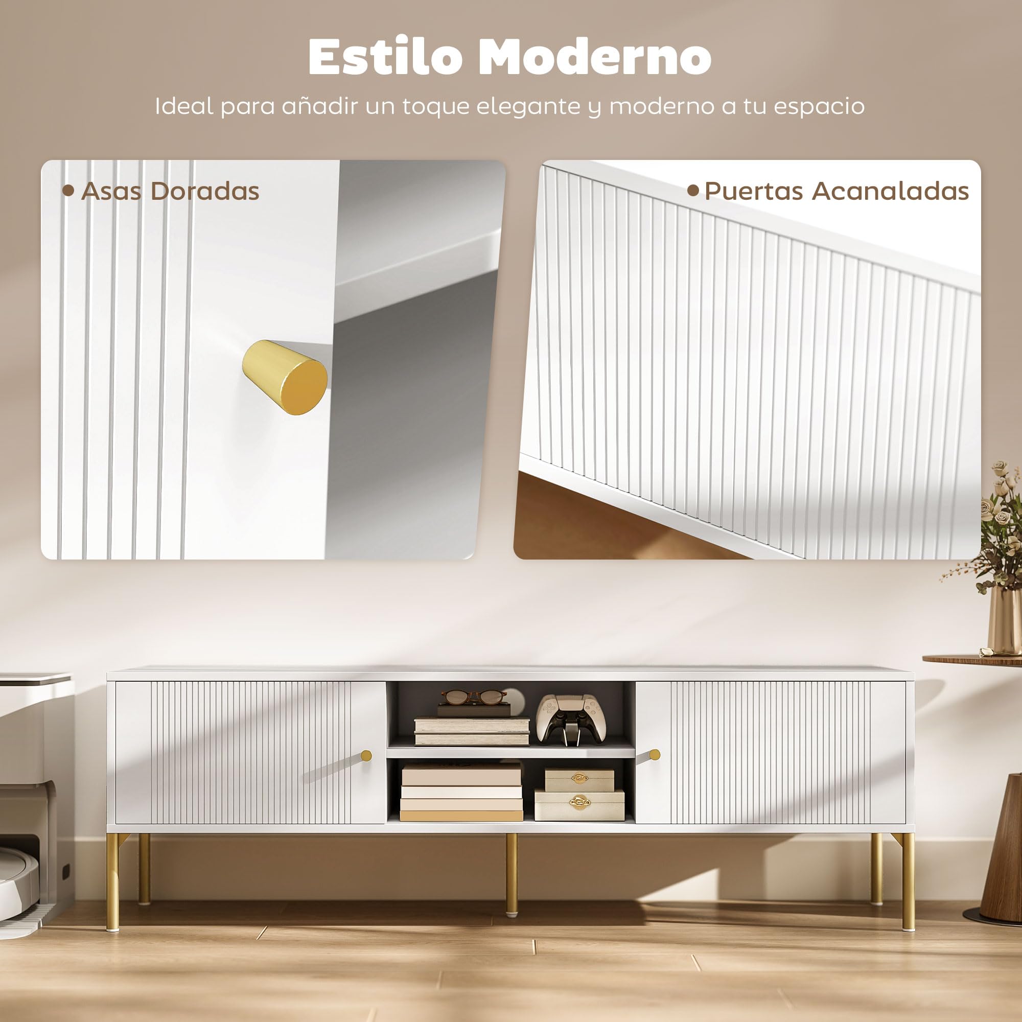 HOMCOM Mueble de TV Moderno de 2 Puertas, Mesa TV para Salón con 2 Estantes Abiertos Ajustables, Orificios Pasacables, Patas de Acero, para Televisión 65 Pulgadas, 140x38x45,9 cm, Blanco