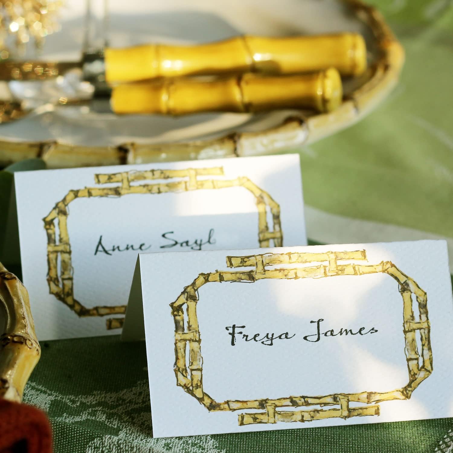 Place Cards with BAMBOO FRAME for Weddings, Showers, and Dinner Parties. Table Tent Style, Scored for Easy Folding. (50)