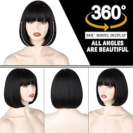 WERD Black Short Bob Wig,Straight Black Bob Wig with bangs, 10 inch Straight Bob Bangs Wig for Women Natural Looking for Daily Use