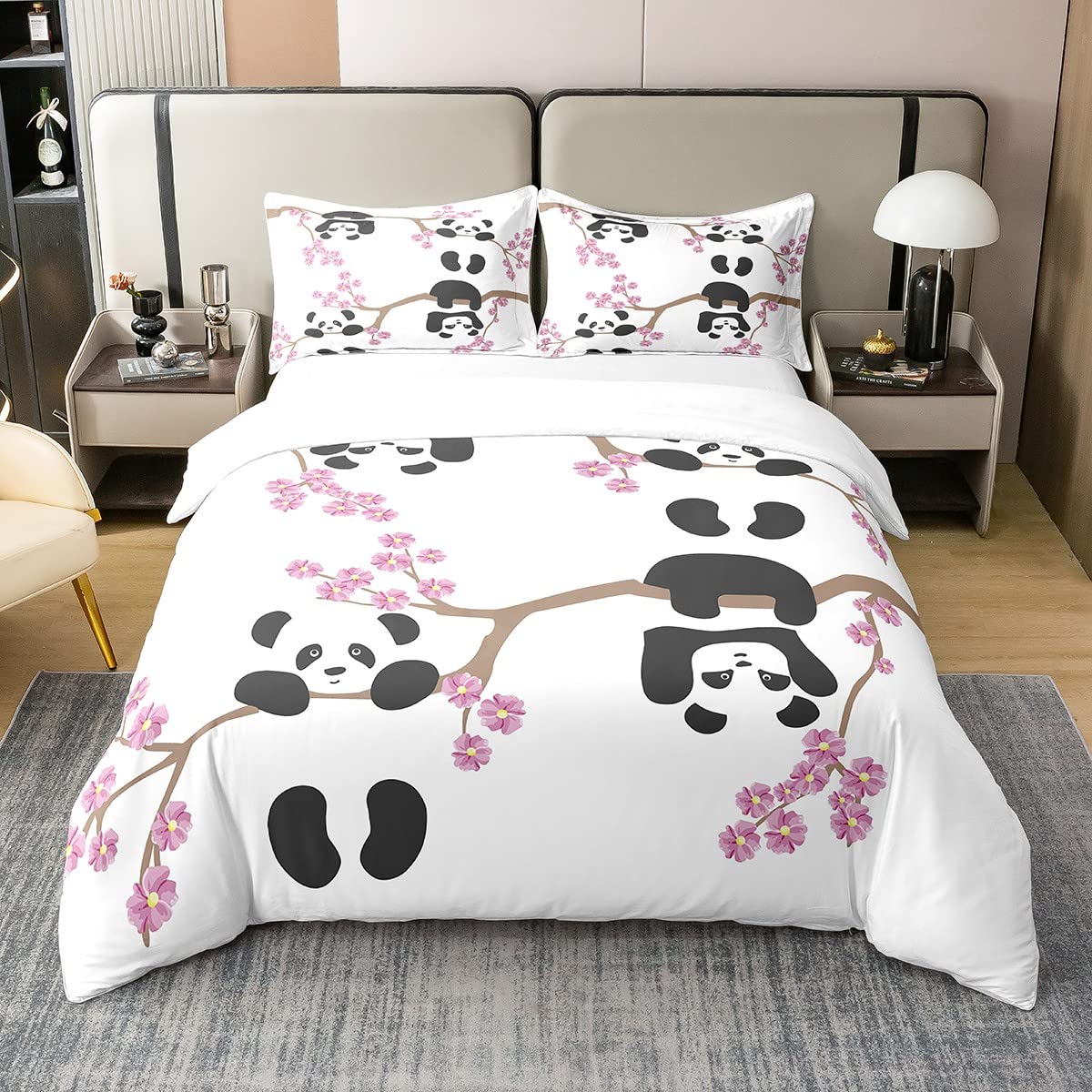 Kinder Panda 100% Bio Baumwolle Bettbezug Kirschblüten Tröster Bezug 135x200 Nette Tier Bettwäsche Set für Jungen Teens Blume Zweige Cartoon Stil Steppdeckenbezug mit Reißverschluss
