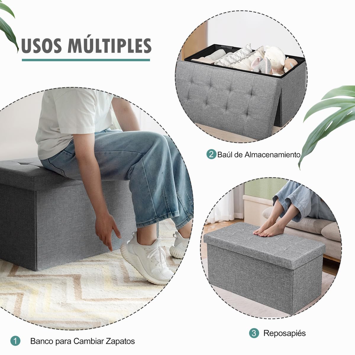 COSTWAY Otomana de Almacenamiento Plegable, 80 x 41 x 41 cm, Taburete Almacenaje, Puff Almacenaje, Banco para Zapatos con Asiento Acolchado para Sala de Estar, Dormitorio y Entrada (Gris Claro)