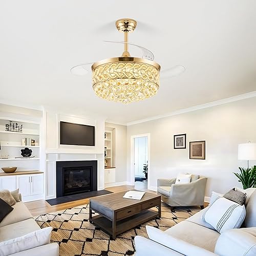 Miniatura 2 de Ventilador de Techo Fandelier de Cristal de 48" con Luz, Ventiladores de Techo Retráctiles Araña Ventilador con Aspas Retráctiles LED Regulable