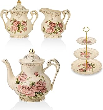 YOLIFE Floral Teapots & 3 Tiered CupCake Stand & Sugar and Creamer Set Rose