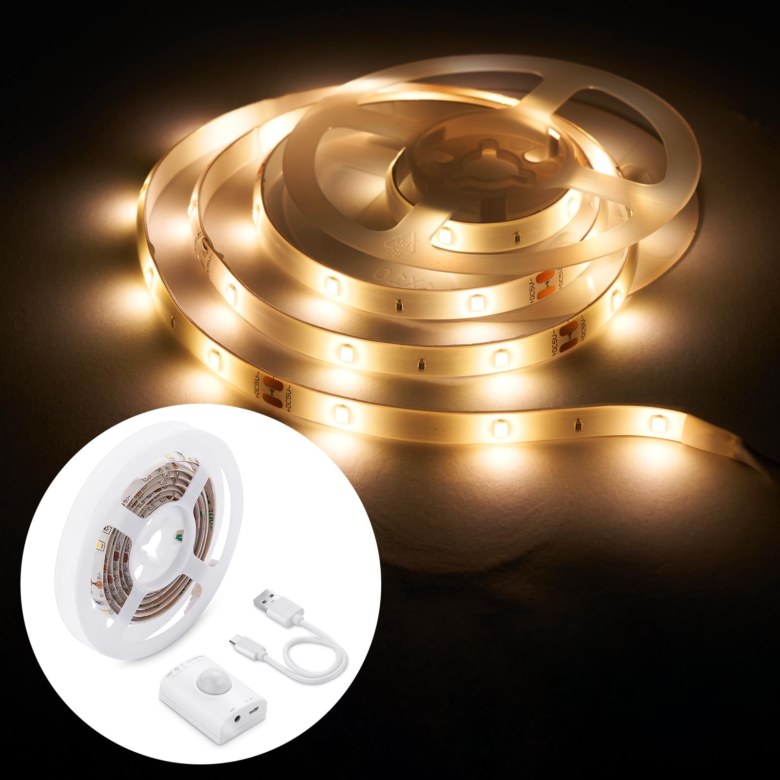 LUXJET Rechargeable Motion Sensor Wardrobe Light, 3.3ft Flexible LED Strip with 30LED, PIR and Light Sensor, Warm White Night Light for Bedroom, Kitchen, Wall, Closet, Cabinet