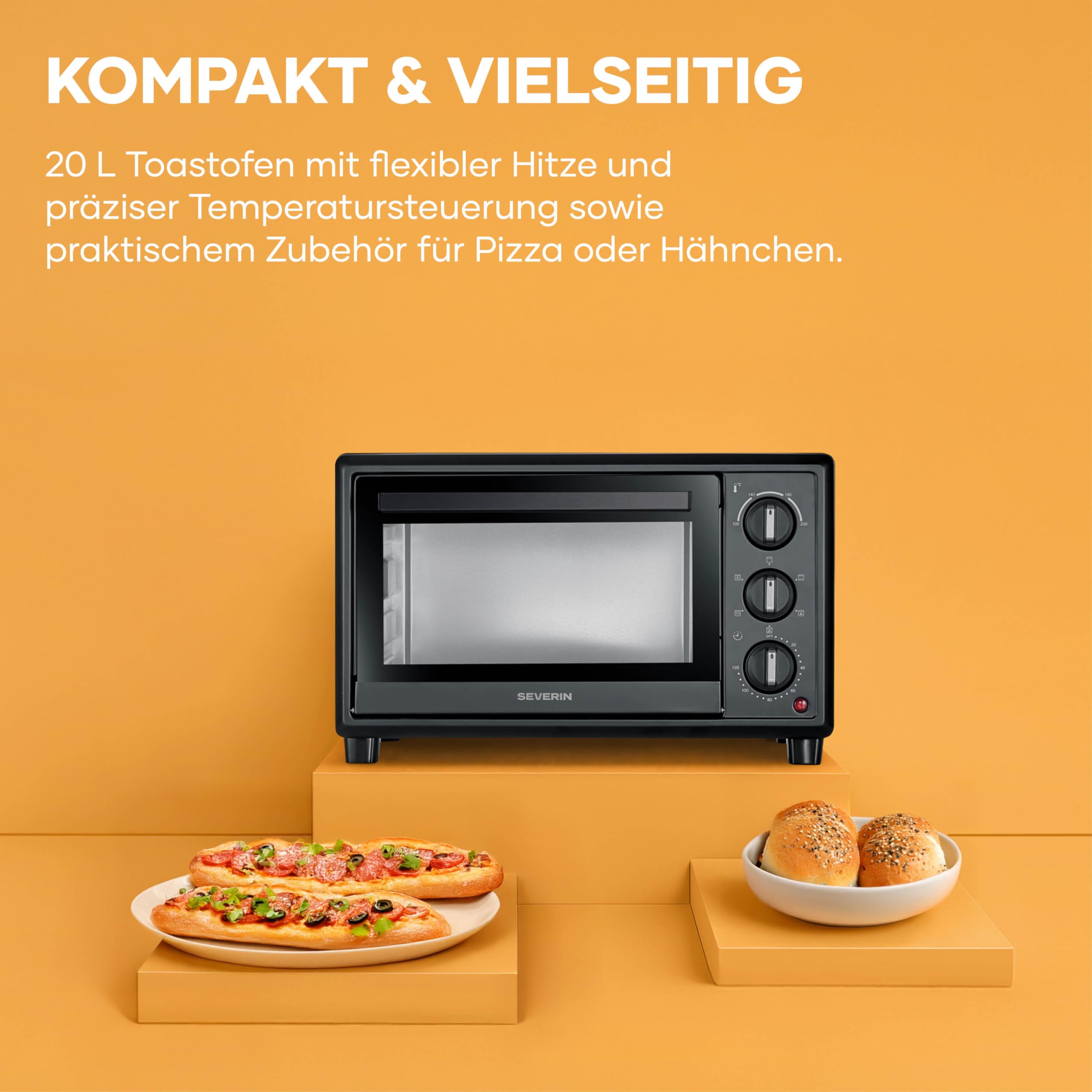 Severin Back- und Toastofen, Bake&Toast, 20L, bis 230°C, Umluft-Funktion, Ober- und Unterhitze, inkl. Pizzastein, Drehspieß, Krümelblech, Backblech, Grillrost, 120Min. Timer, 1600W, schwarz, TO 2079
