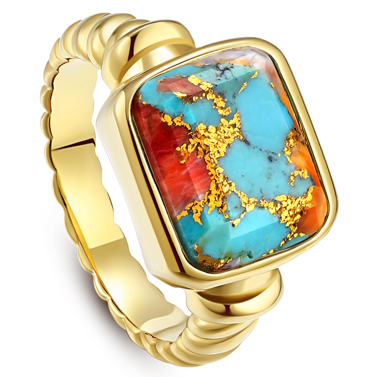 PhyonioWomen's 14K Gold Plated Statement Rings Emerald Cut Teal Turquoise/Rose Quartz Crystal/Spiny Oyster Turquoise Signet Ring Stainless Steel Chunky Gold Rings Size 5-10