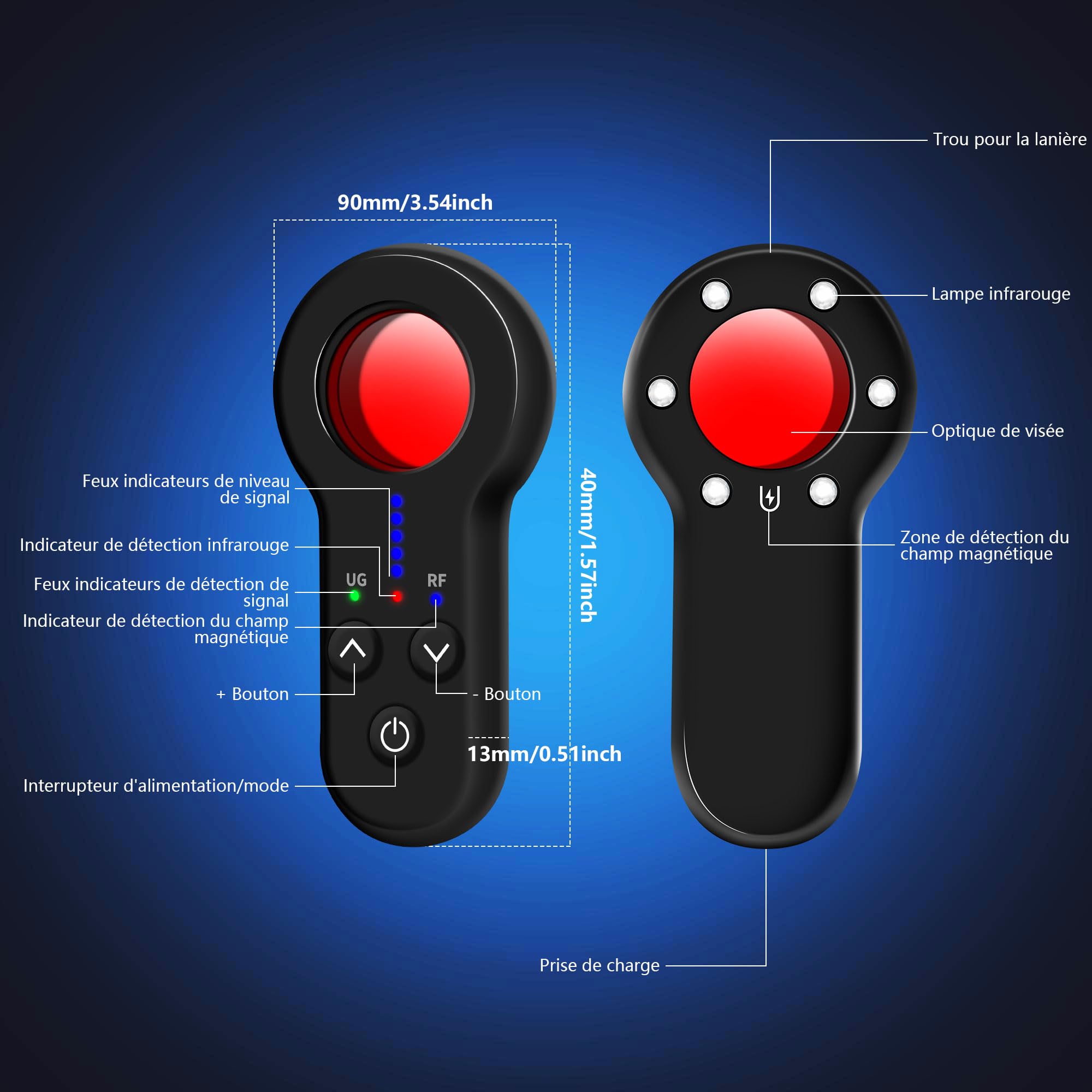 Détecteur de Caméra Cachée, Micro Espion Détecteur, Detecteur de Camera, 5 Niveaux de Sensibilité, Détecteur d'Écoute Anti-espionnage pour Hôtel, Maison, Voiture, Bureau, Voyage