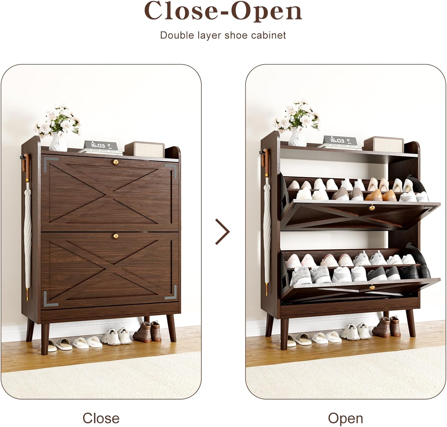 Shoe Storage Cabinet with 2 Flip Drawers & Adjustable Shelves,Narrow Shoe Organizer Cabinet with Doors Side Hooks Wooden Shoe Rack Cabinet for Entryway,Hallway,Brown