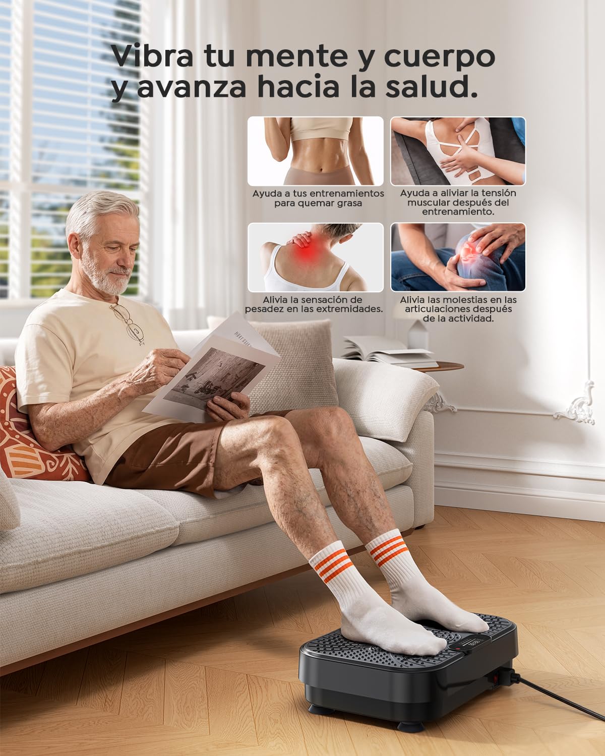 Plataforma Vibratoria, 150W Plataforma vibración Muscular con Masaje silencioso de pies, 99 Niveles de Intensidad y 5 programas, con 2 Bandas de Resistencia y Mando a Distancia, Pantalla LCD