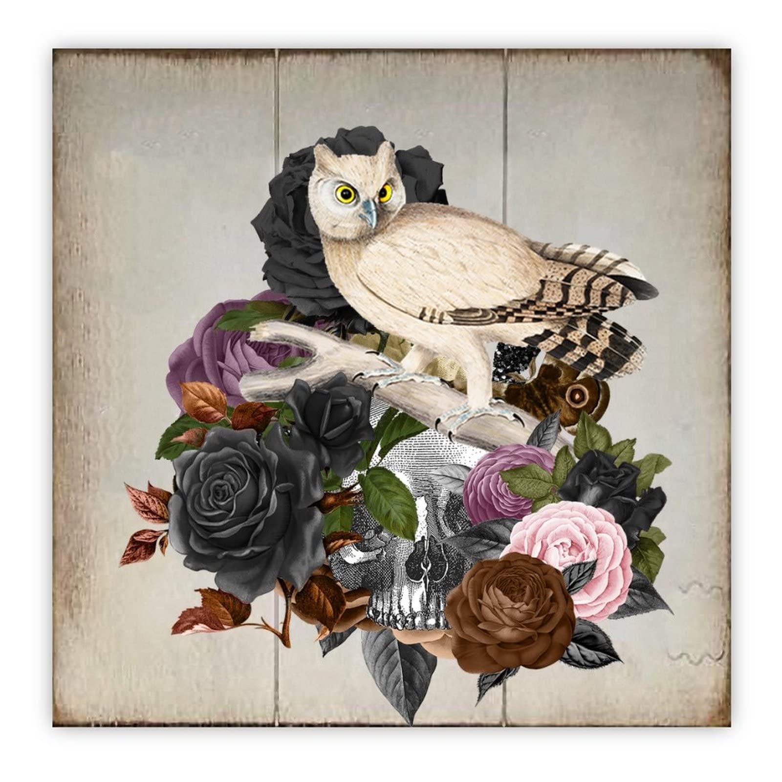 Tableau bois vintage tête de mort fleur noire et décoration ferme