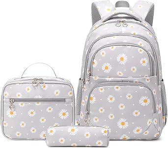 ZHANAO Daisy Backpack for Girls,Bookbag with Lunch Box Kids School Bag Set 3pcs Flower Backpack Set School Daypack