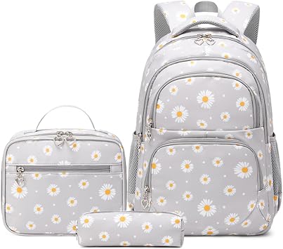 ZHANAO Daisy Backpack for Girls Bookbag with Lunch Box Kids School Bag Set Flower Backpack 3pcs School Daypack Daisy Grey Daypack Backpack
