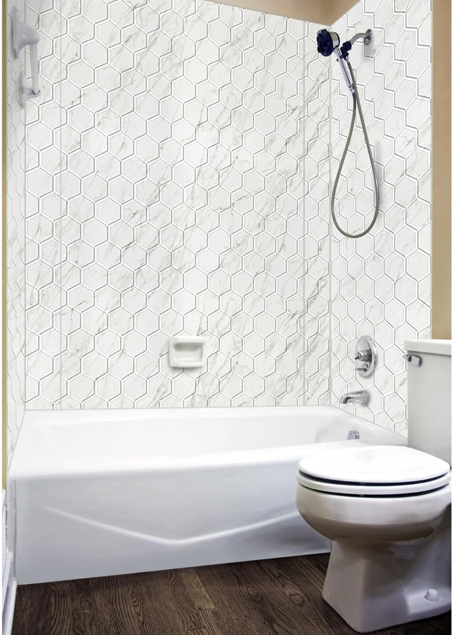From Plain to Beautiful in Hours 133-640-HEX-KIT Hex Tile Tub and Shower Wall Panels Surround (Covers/ 96 Sq. Ft.), Marble, 1 Piece