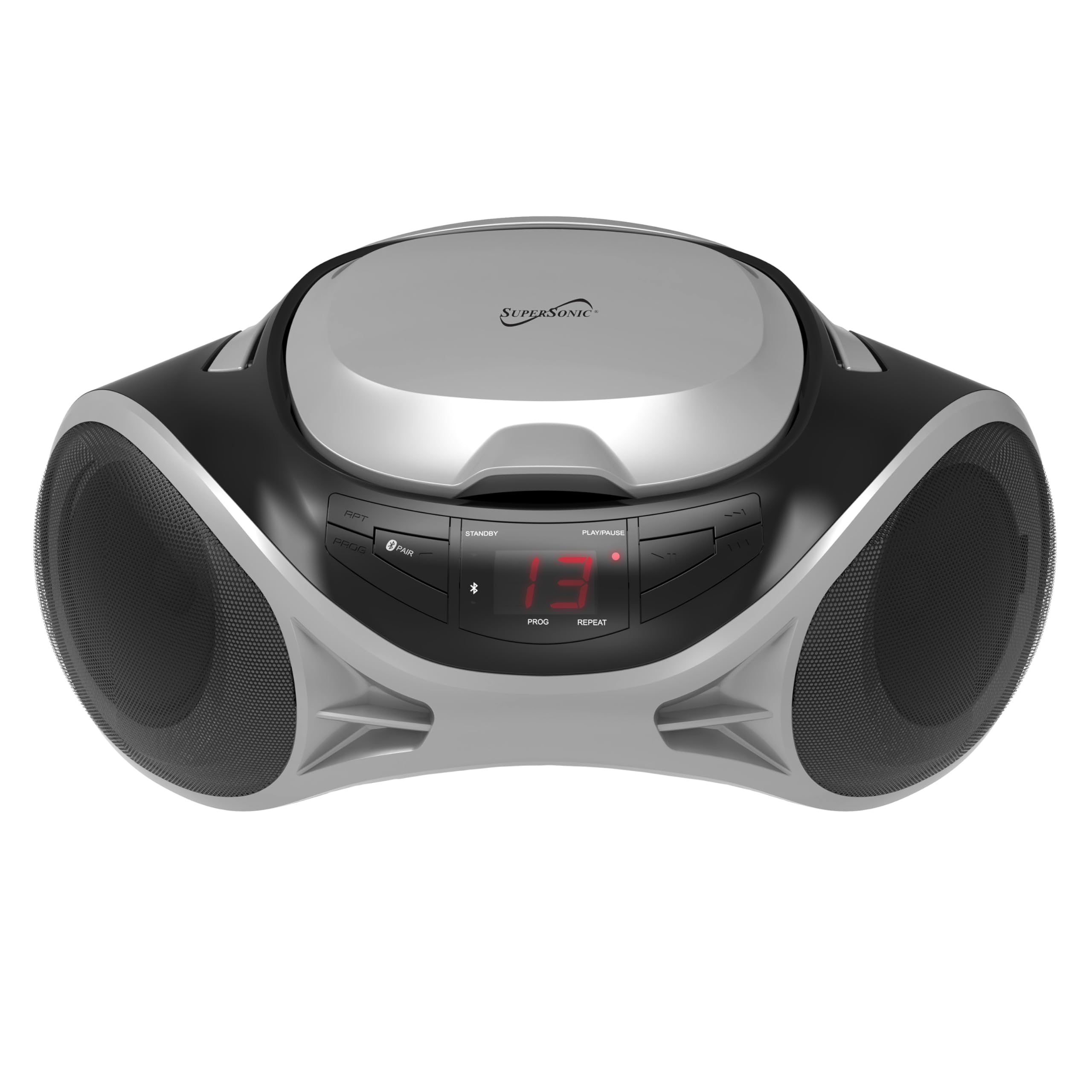 Supersonic SC-726BT Portable AM/FM Radio Top-Loading CD Player with Bluetooth, LED Track Display, Aux Input, Carry Handle, Built-in Speaker, Programmable Memory, Repeat Modes, AC/DC (Silver)