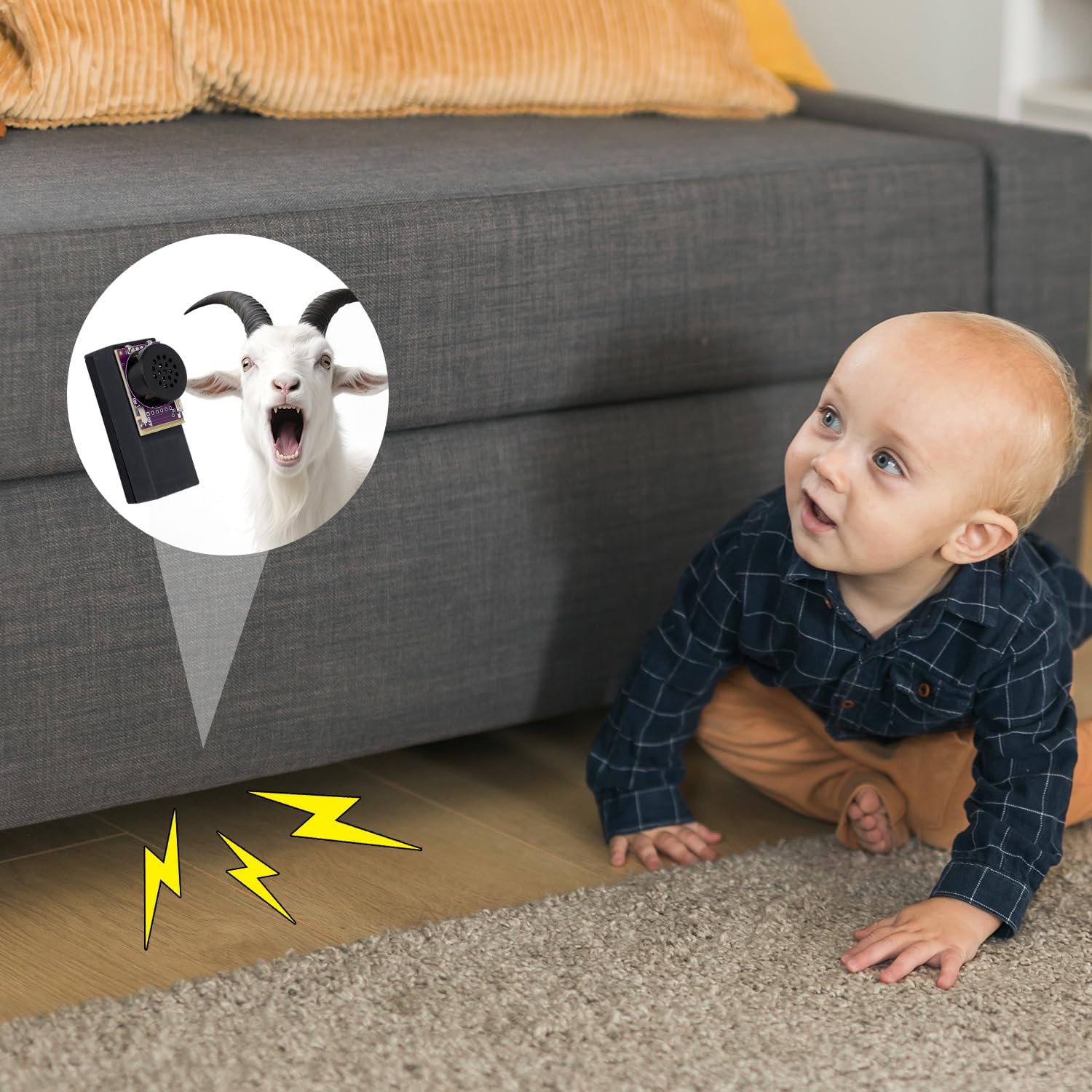 Baby looking for hidden noise maker under a sofa