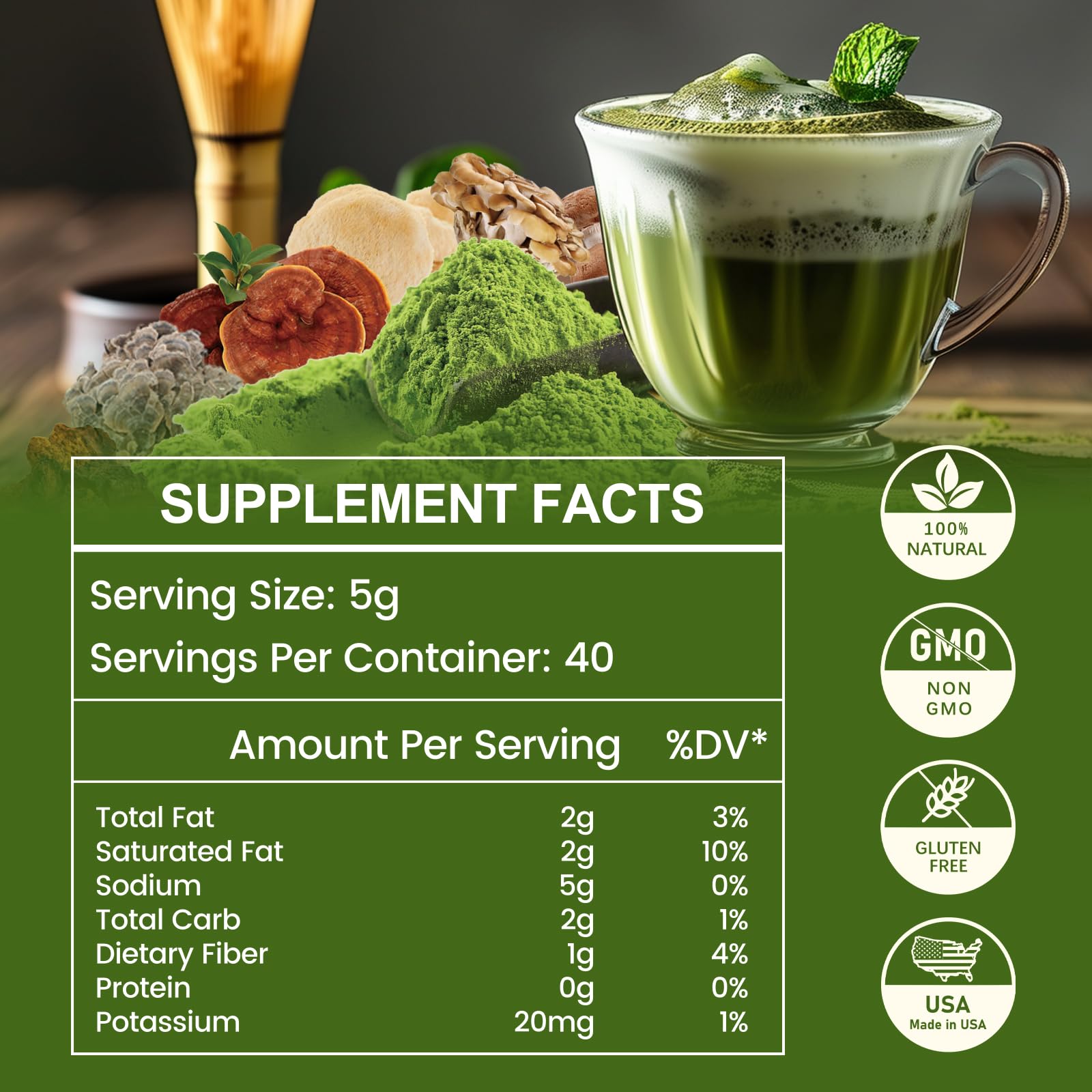 200g Mushroom Matcha - Super Premium Blend Matcha Mushroom Powder with MCT Reishi Lions Mane for Immune Strengthen — view 2